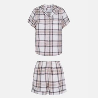 flat lay of accessorize Check button shorts pyjama set grey
