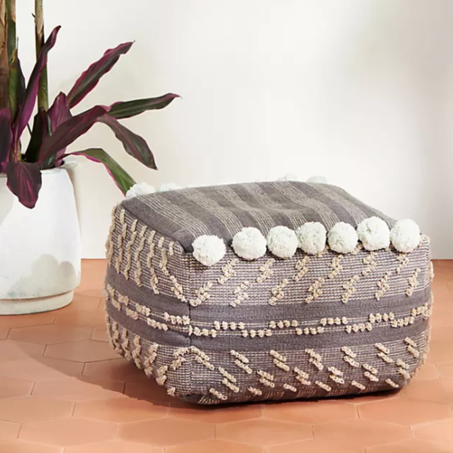 Pouf yang dicetak dengan pom pom di sebelah tanaman hias.