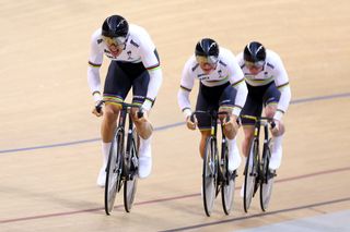 Leigh Hoffman, Matthew Richardson and thomas Cornish compete in the team sprint at the UCI Track Nations Cup in Jakarta, 2023