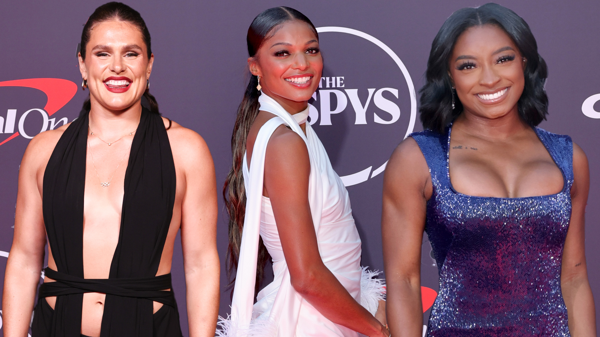 a group of three women at the 2025 espy awards wearing various dresses