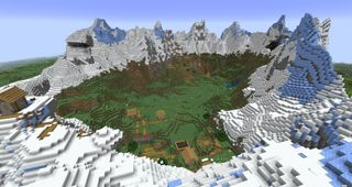Minecraft - A ring of snowy mountains surrounding a valley with two villages at the center.