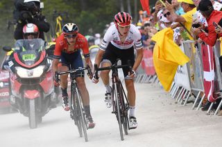 LA PLANCHE FRANCE JULY 11 Giulio Ciccone of Italy and Team TrekSegafredo Dylan Teuns of Belgium and Team BahrainMerida La Planche des Belles Filles 1140m during the 106th Tour de France 2019 Stage 6 a 1605km stage from Mulhouse to La Planche des Belles Filles 1140m TDF TDF2019 LeTour on July 11 2019 in La Planche France Photo by Anne Christine PoujoulatPoolGetty Images