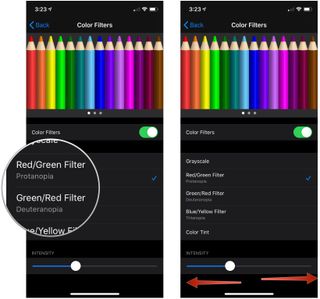 Enable Color Filters, showing how to tap a Color Filter, then drag the Intensity slider