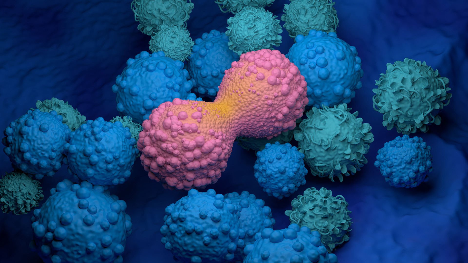 A series of blue and green spiky balls are piled on each other with two pink spiky balls conjoined at the top