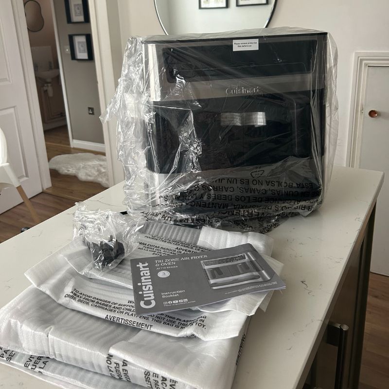 Cuisinart Tri Zone 13.6L Air Fryer &amp;amp; Oven - parts unboxed in packaging on kitchen worktop