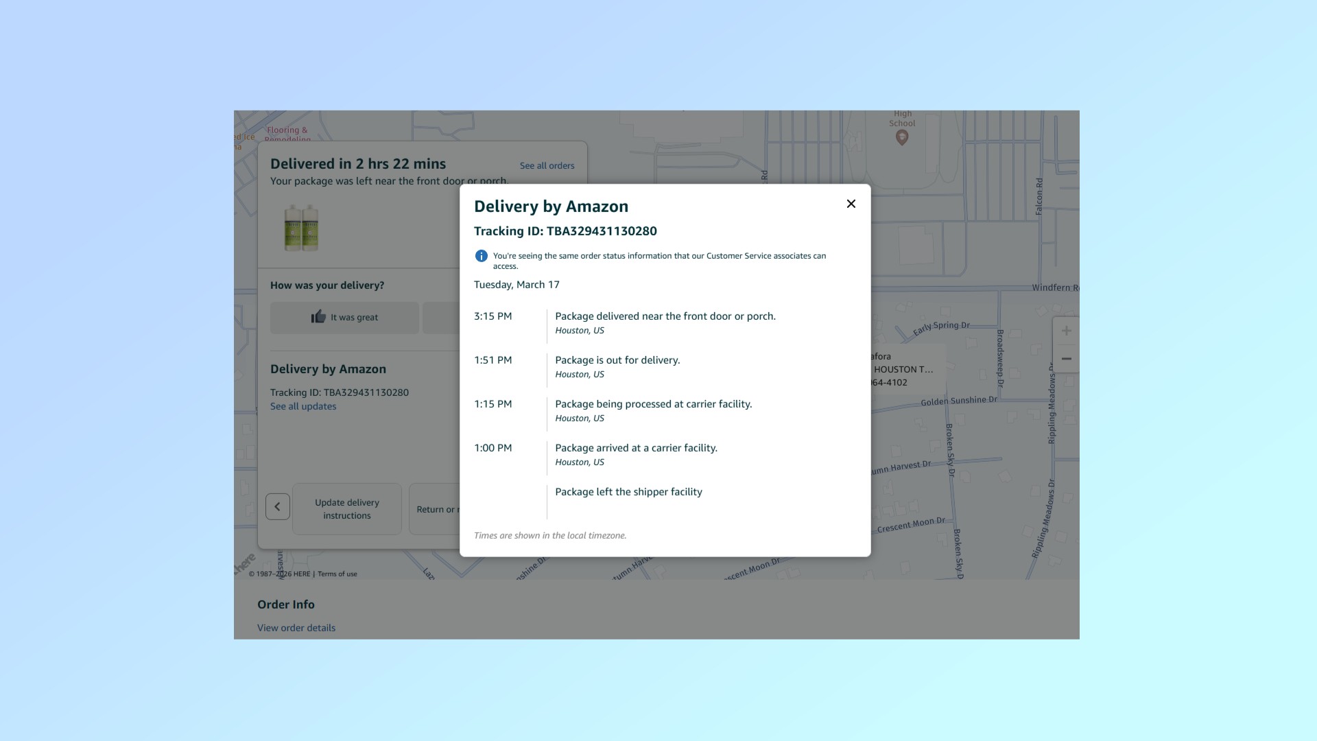 A screenshot showing the tracking info for an Amazon 3-hour delivery