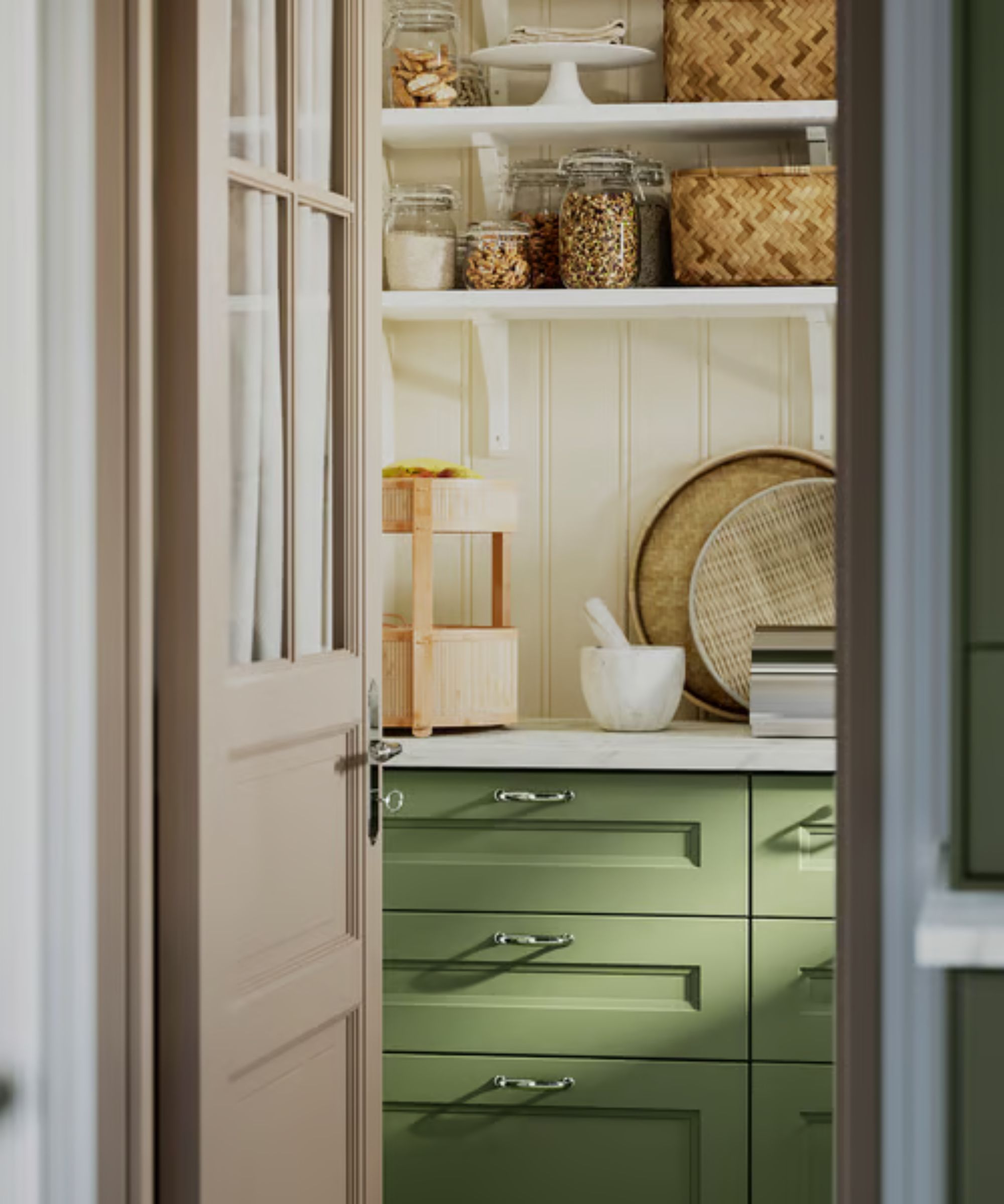 IKEA's tiered bamboo fruit and vegetable storage in pantry