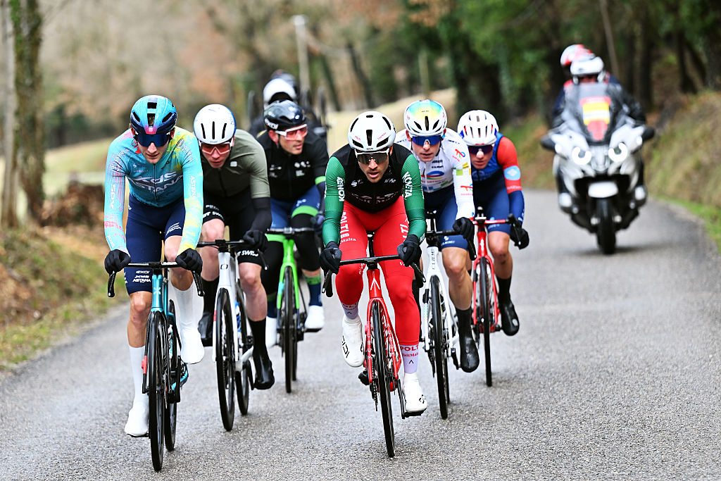 FORCALQUIER, FRANCE - FEBRUARY 14: (L-R) Gustav Wang of Denmark and Team XDS Astana Development and Diego Pablo Sevilla of Spain and Team Polti VisitMalta compete in the breakaway during the 10th Tour de la Provence 2026, Stage 2 a 174.9km stage from Forcalquier to Montagne de Lure 1566m on February 14, 2026 in Montagne de Lure, France. (Photo by Billy Ceusters/Getty Images)