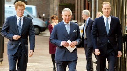 Prince Harry, Prince Charles, Prince of Wales and Prince William, Duke of Cambridge arrive at the Illegal Wildlife Trade Conference at Lancaster House on February 13, 2014 in London, England.