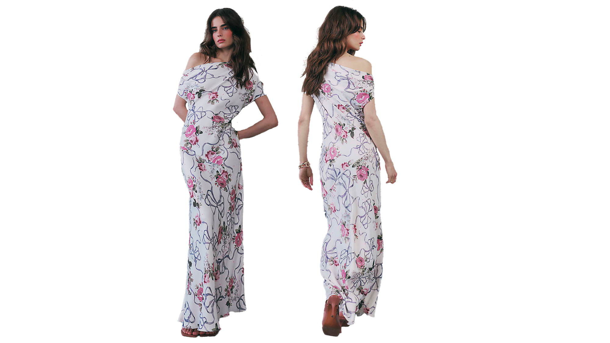 River Island x Cabbages &amp;amp; Roses Cream Floral Asymmetric Neck Maxi Slip Dress