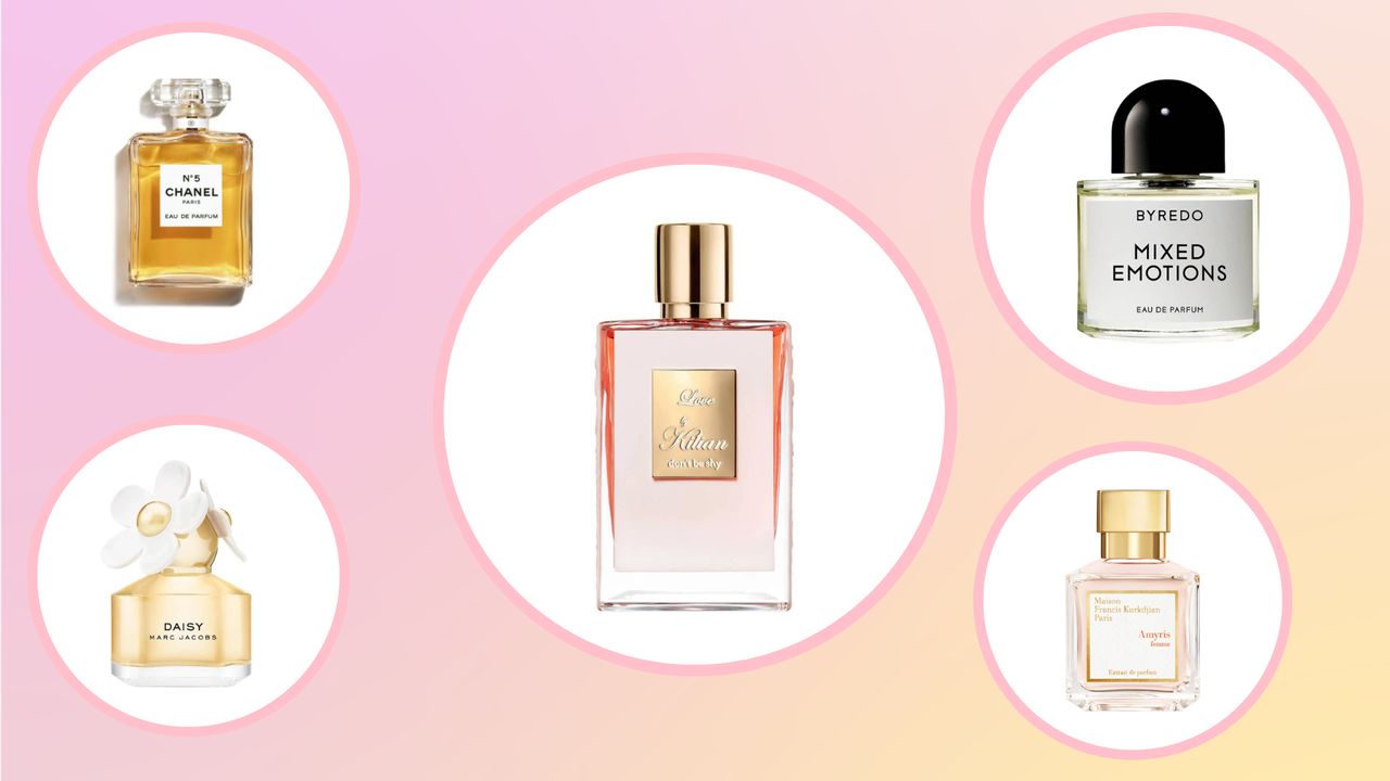 A selection of the best perfumes for women featured in this guide from Chanel, Maison Francis Kurkdjian, Kilian, Byredo and Marc Jacobs