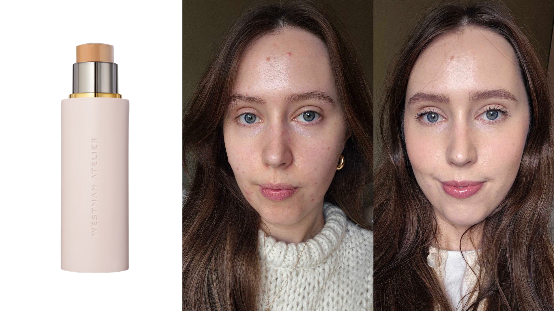 Image of Westman Atelier Vital Skin Foundation Stick, Naomi before applying the foundation, Naomi after applying the foundation