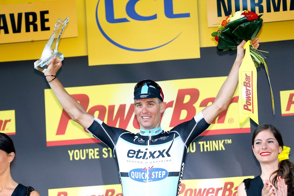 Zdenek Stybar celebrates his win on the stage 6 podium.