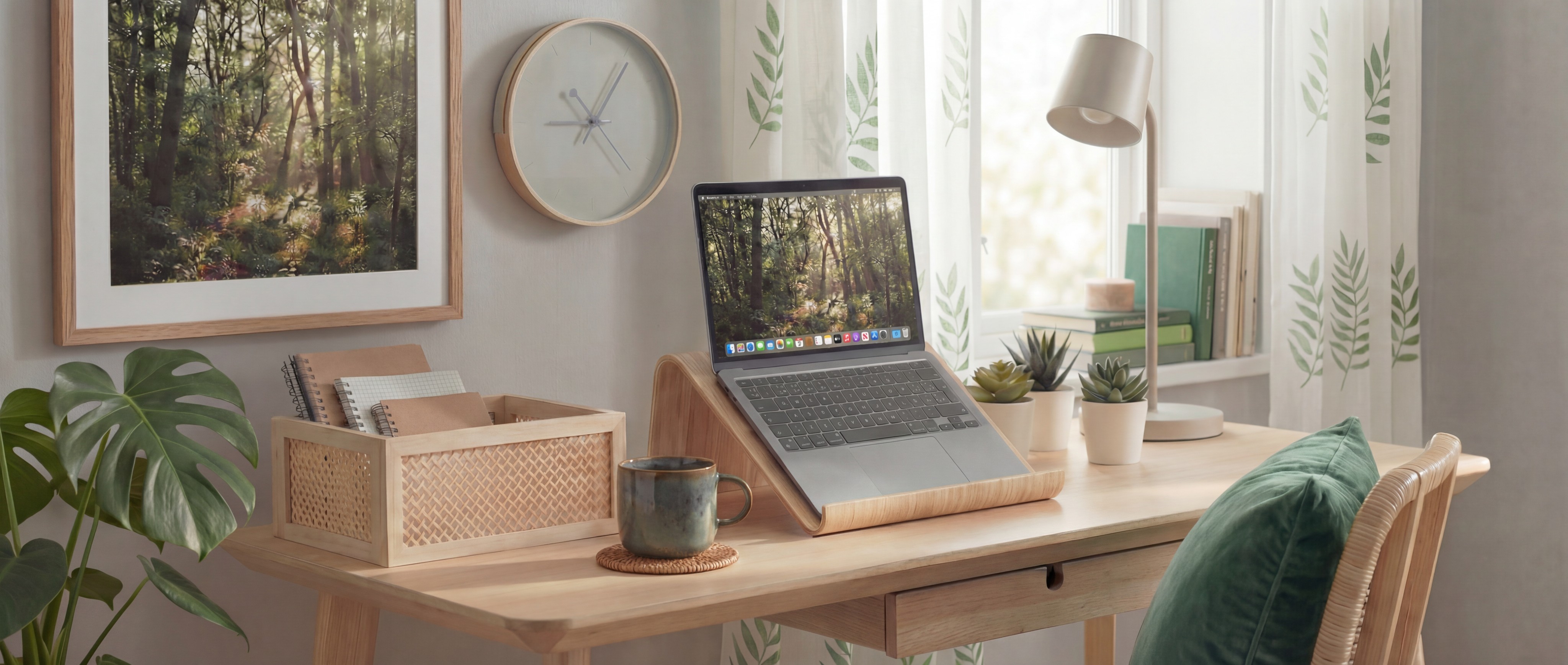 IKEA home office setup with natural wood and green accessories