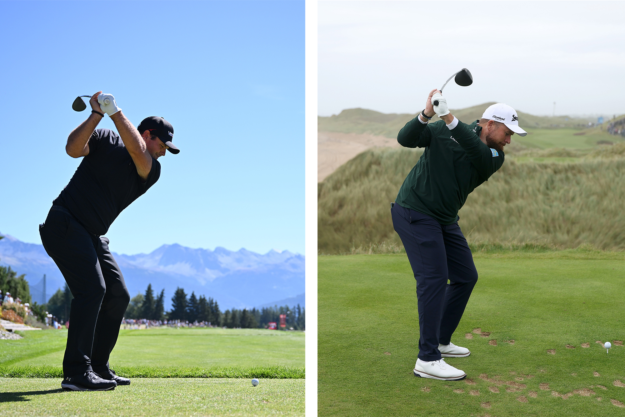 Patrick Reed hitting a tee shot at Crans-Sur-Sierre and Shane Lowry hitting a tee shot at Trump International