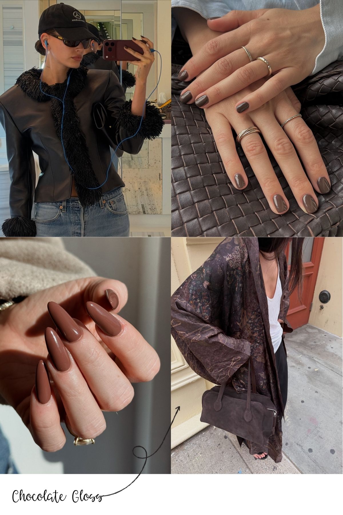 A collage of chocolate brown manicures, Hailey Bieber taking a mirror selfie with brown nails and a woman holding a chocolate brown handbag