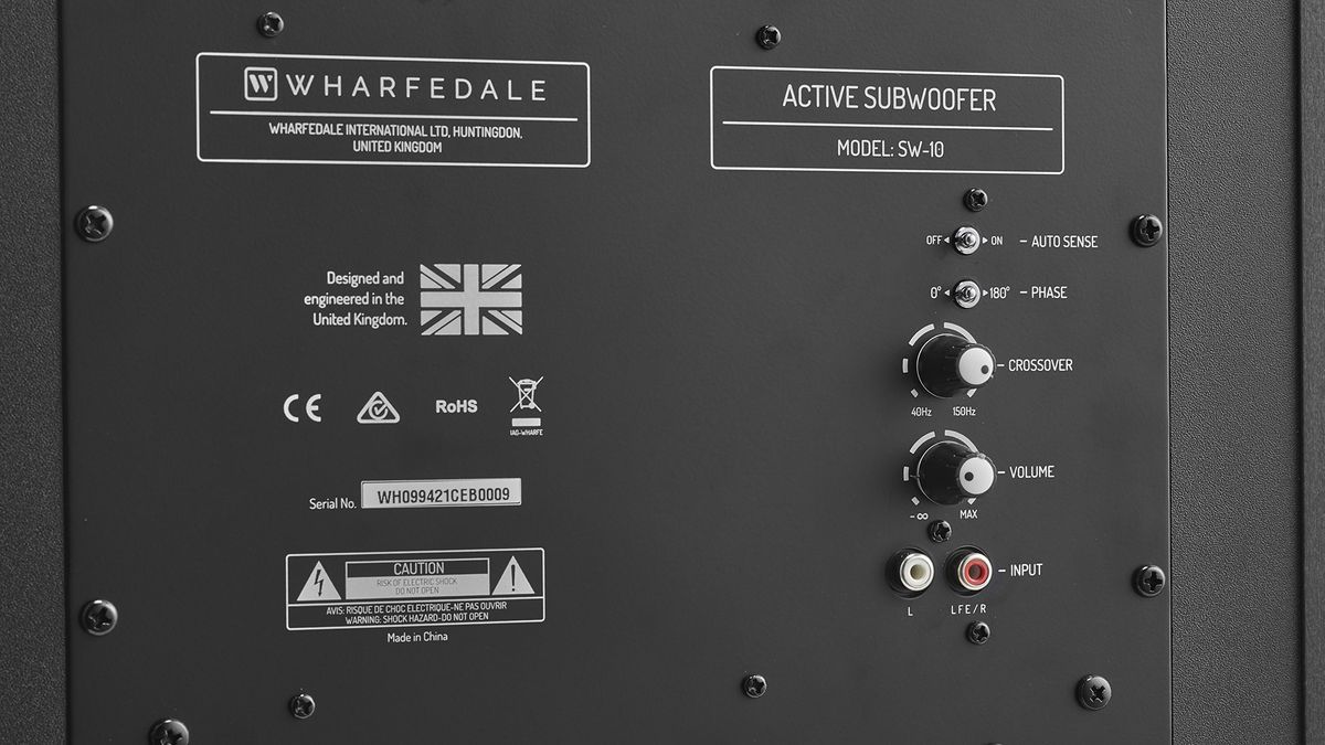 A close-up showing the connections on the back of the Wharfedale Diamond 12.1 Home Cinema Pack's subwoofer.