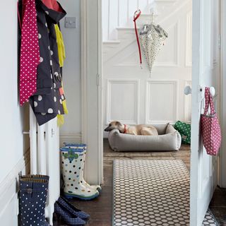 white panelled and polka dot hallway