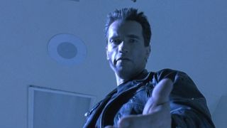 Arnold Schwarzenegger offers Sarah Connor a lending hand in Terminator 2: Judgement Day