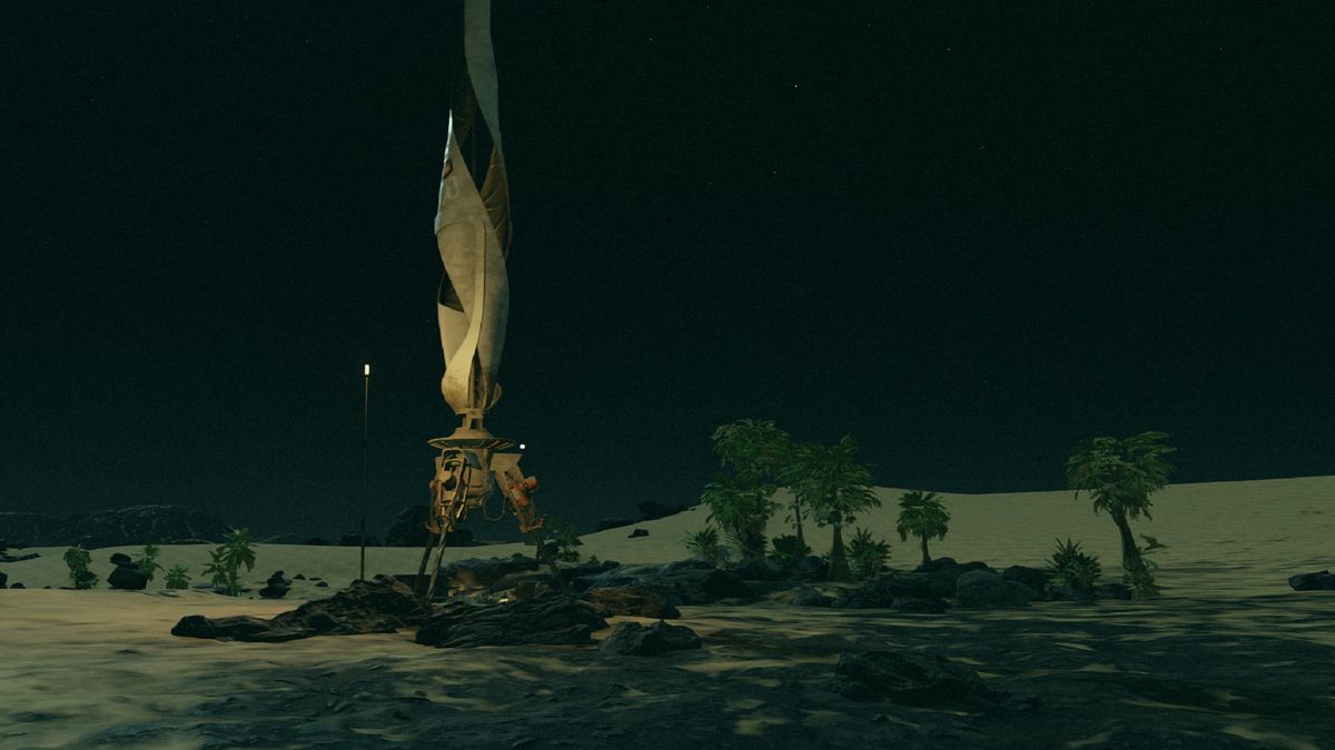 The Pilgrim&#039;s Rest outpost in Starfield, surrounded by a desert at night.