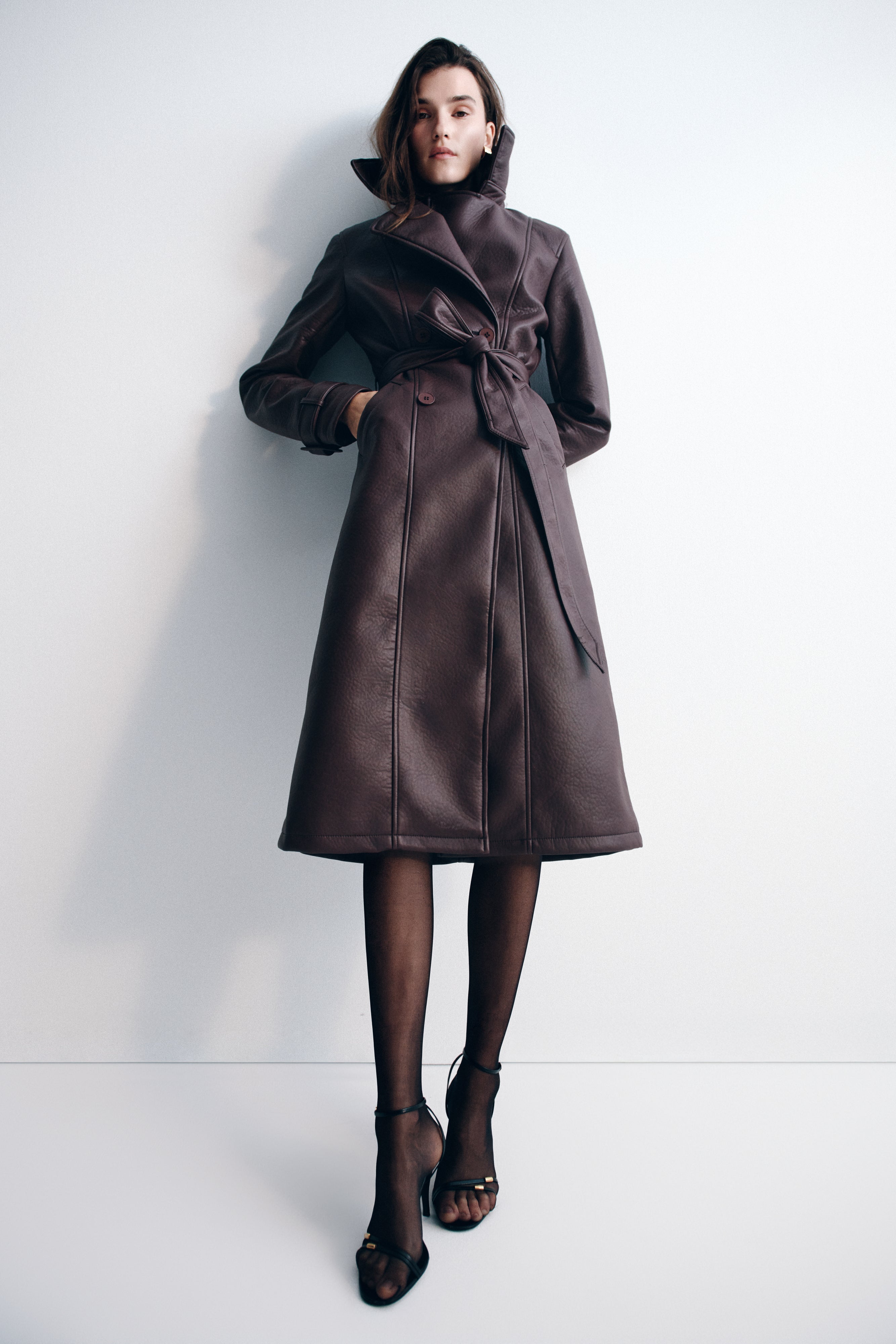 Tarah Faux Leather Trench Coat - Cacao Brown Xxs