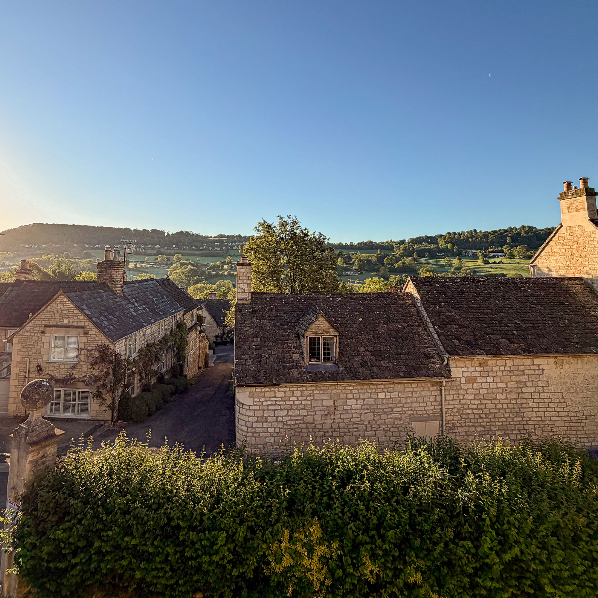 View from above of English country village with traditional stone buildings