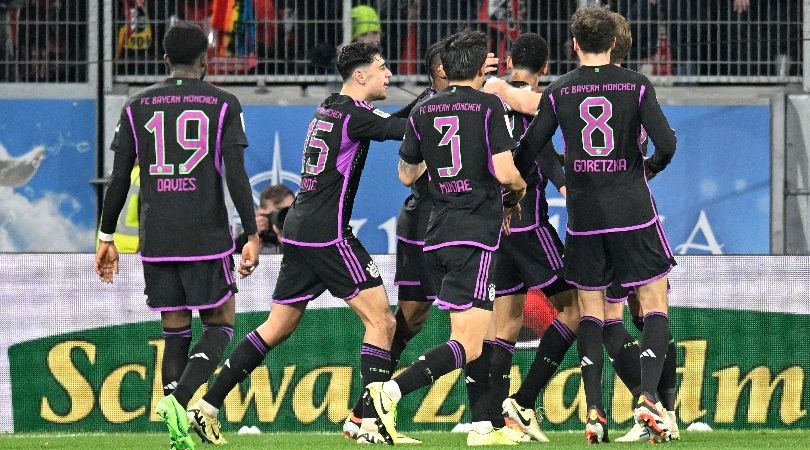 Bayern Munich&#039;s Jamal Musiala celebrates with team-mates after scoring against Freiburg in March 2024.