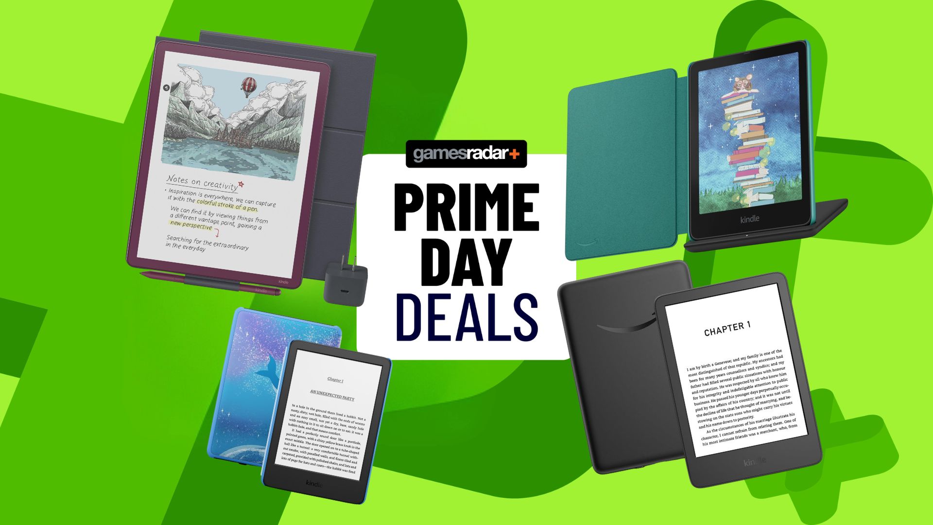 Four Kindle models on a green Prime Day Deals background