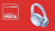 Bose QuietComfort Headphones in light blue on red background with TechRadar lowest price icon