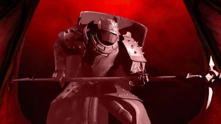 A Diablo 4 fighter on a red background.