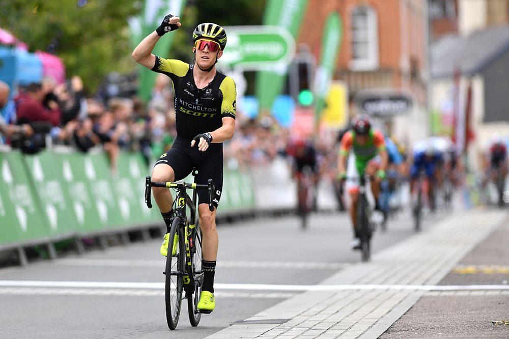 Cameron Meyer (Mitchelton-Scott) wins breakaway sprint during stage 2 in Barnstaple