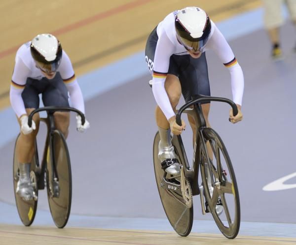 Germany's Kristina Vogel and Miriam Welte on their way to gold in the women's team sprint