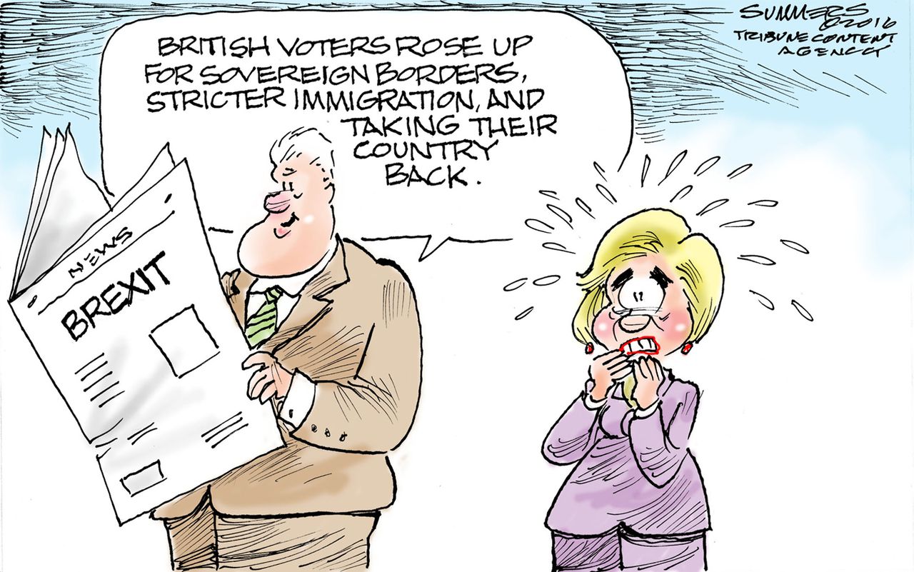 Political cartoon U.S. Brexit Hillary Clinton Donald Trump fear