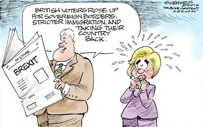 Political cartoon U.S. Brexit Hillary Clinton Donald Trump fear