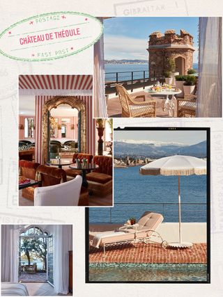 a collage of four images showing a sea view and interior views of a hotel in France