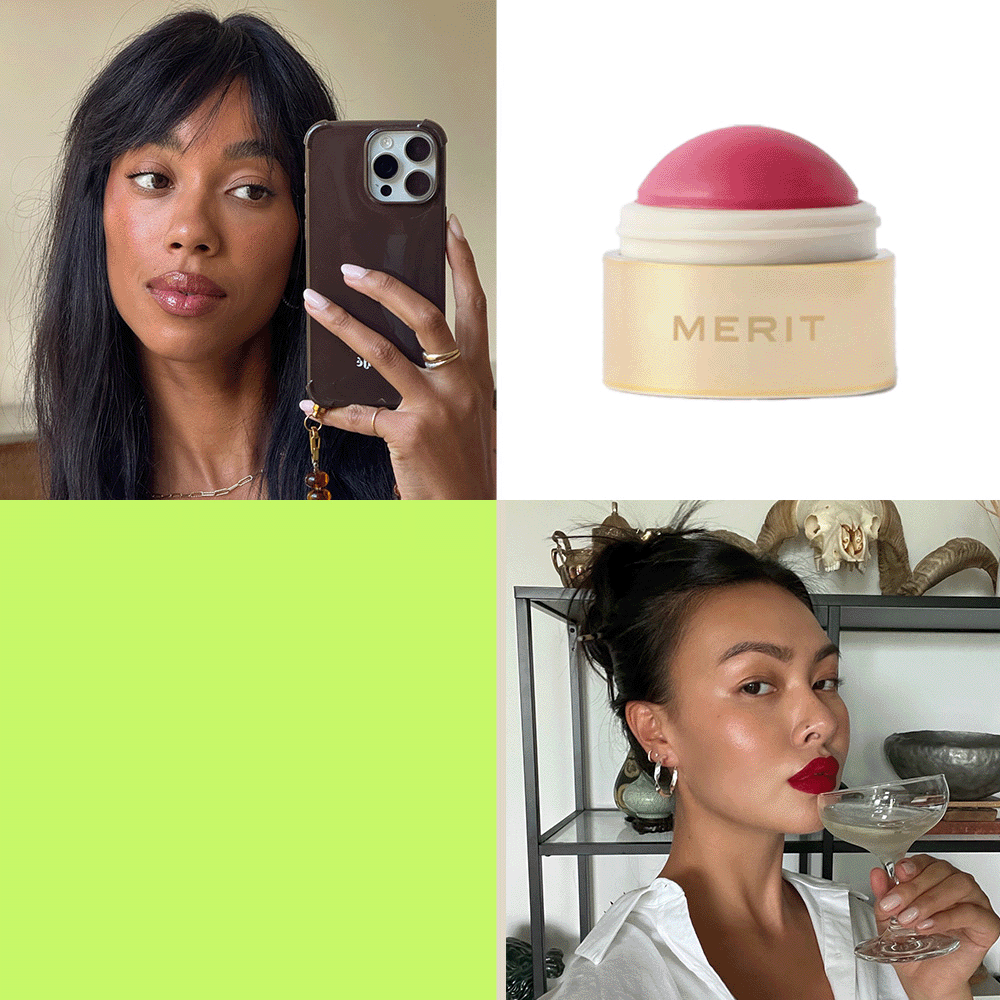 A gif of @amaka.hamelijnck and @mimixn taking selfies alongside some bestselling beauty products of 2025 from Merit, Chanel, Laneige and K18