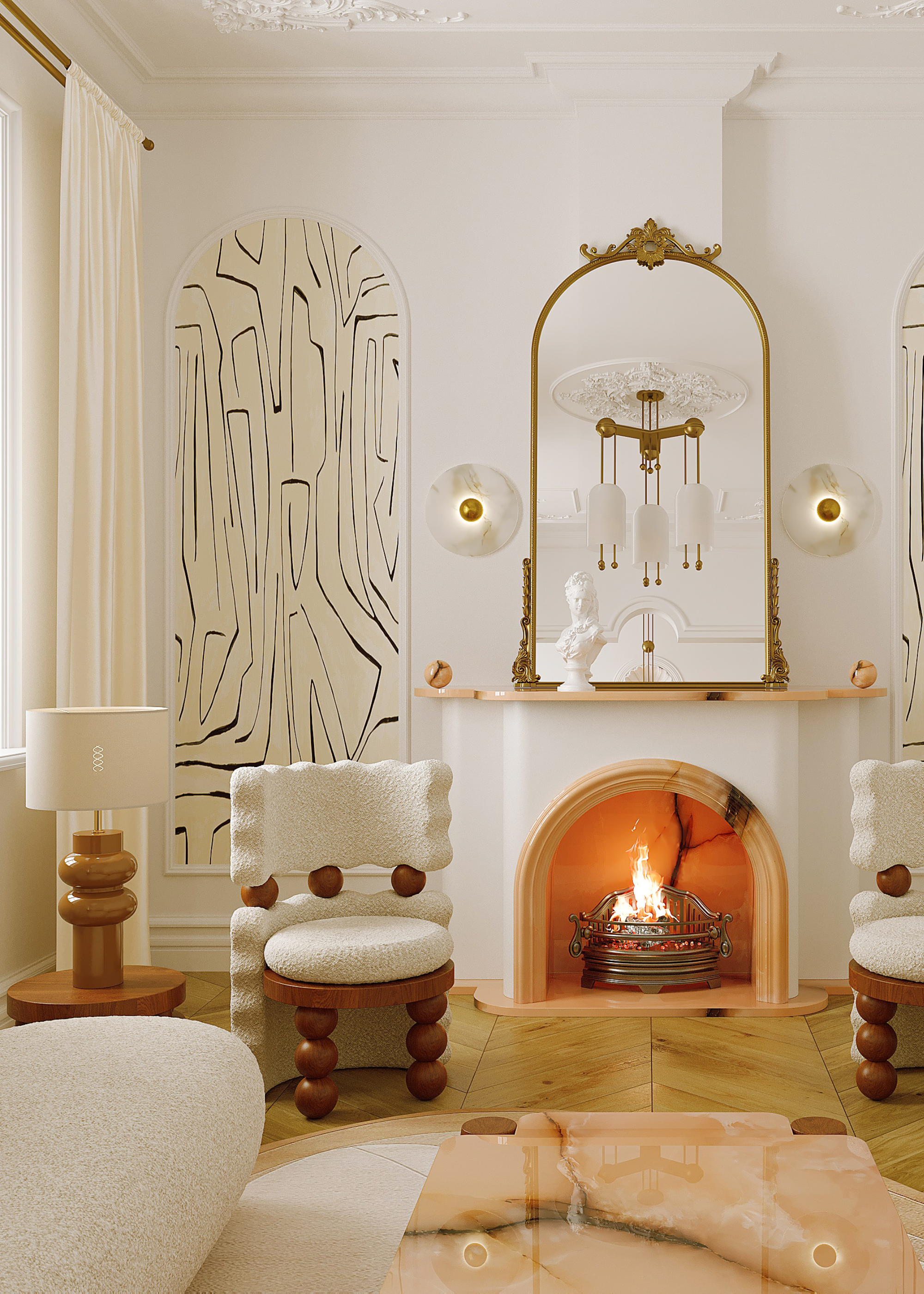 A white living room with a large vintage mirror in between wall sconces above a lit fireplace. Also present is a pair of sculptural bobbin white sofa chairs and a side table with a lamp near a quartz table