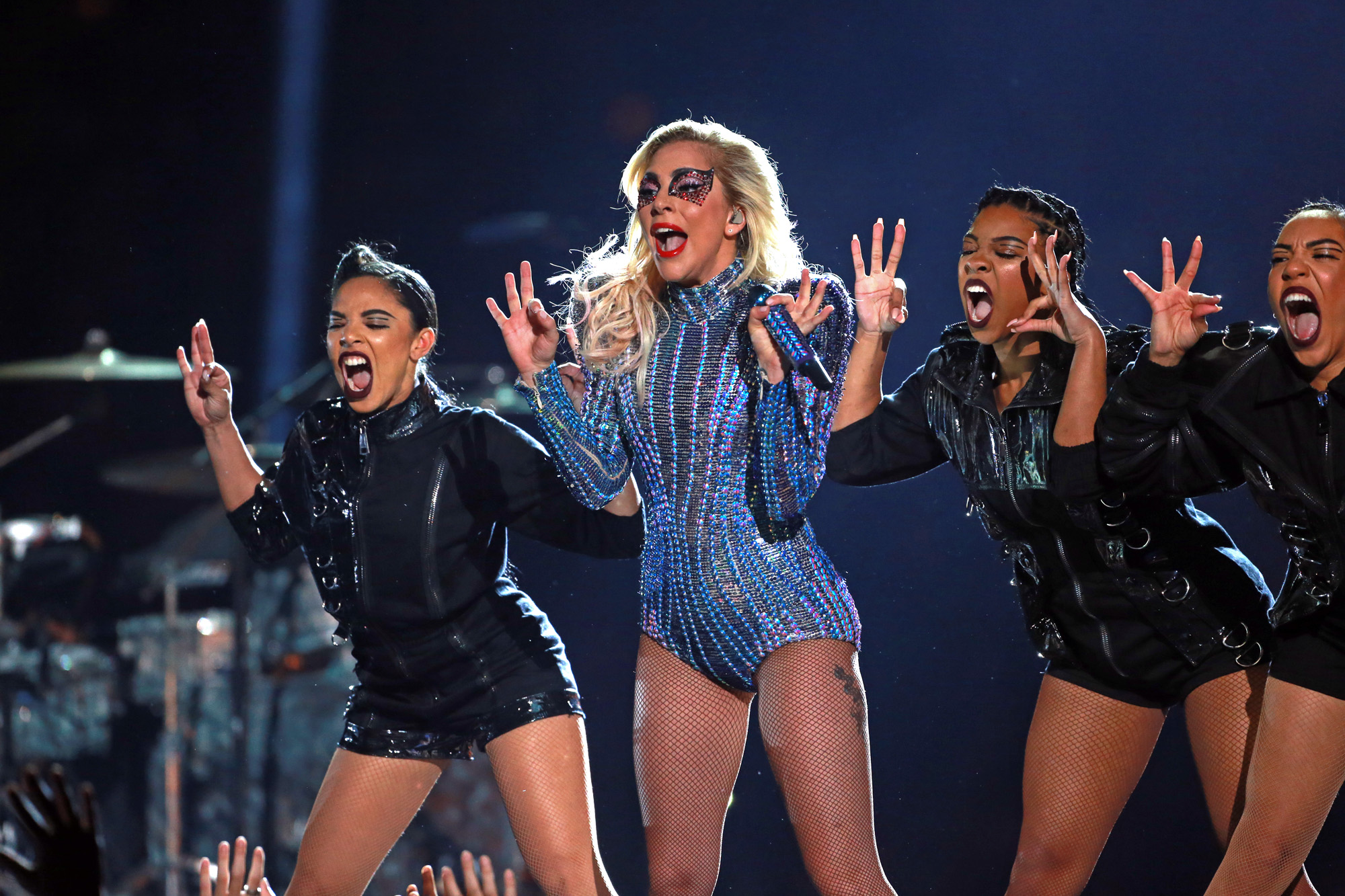 Lady Gaga wearing Versace at the 2017 super bowl