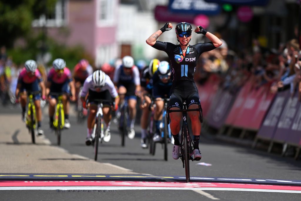 MALDON ENGLAND MAY 27 Lorena Wiebes of Netherlands and Team DSM celebrates at finish line as stage winner during the 5th RideLondon Classique 2022 Stage 1 a 1365km stage from Maldon to Maldon RideLondon UCIWWT on May 27 2022 in Maldon England Photo by Justin SetterfieldGetty Images