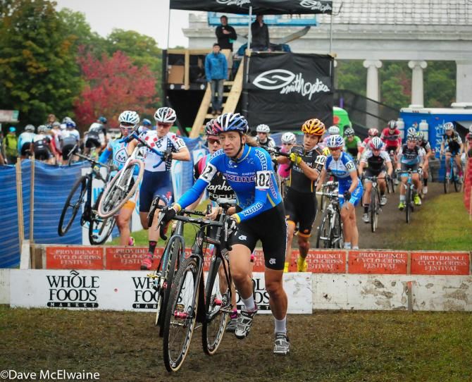 Helen Wyman (Kona Factory Team) leading the race at the new set of barriers