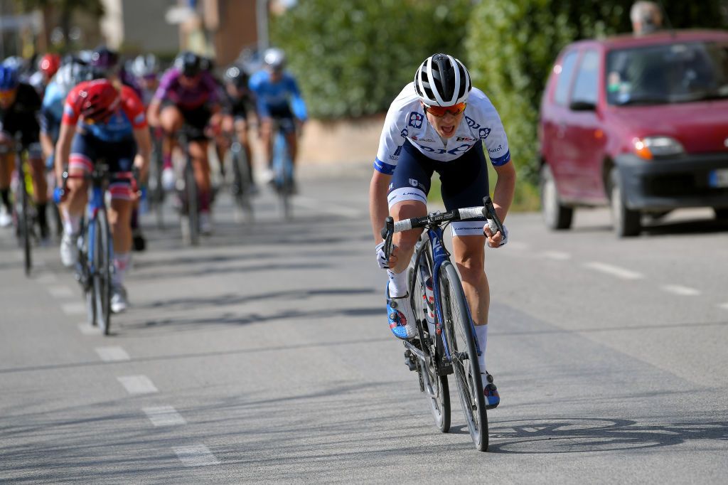 SIENA ITALY MARCH 06 Brodie Chapman of Australia and Team FDJ Nouvelle Aquitaine Futuroscope during the Eroica 7th Strade Bianche 2021 Womens Elite a 136km race from Siena to Siena Piazza del Campo Breakaway StradeBianche on March 06 2021 in Siena Italy Photo by Luc ClaessenGetty Images