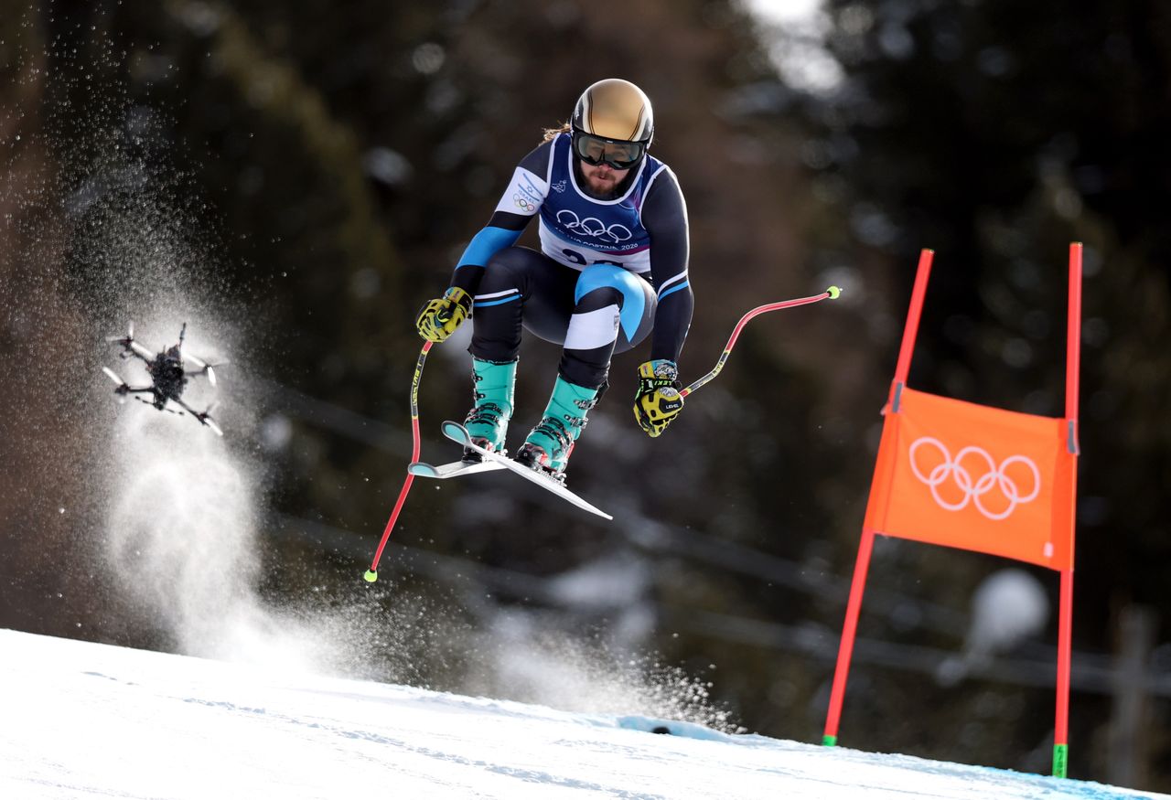 An FPV drone following a downhill skier at the Milan Winter Olympics 2026