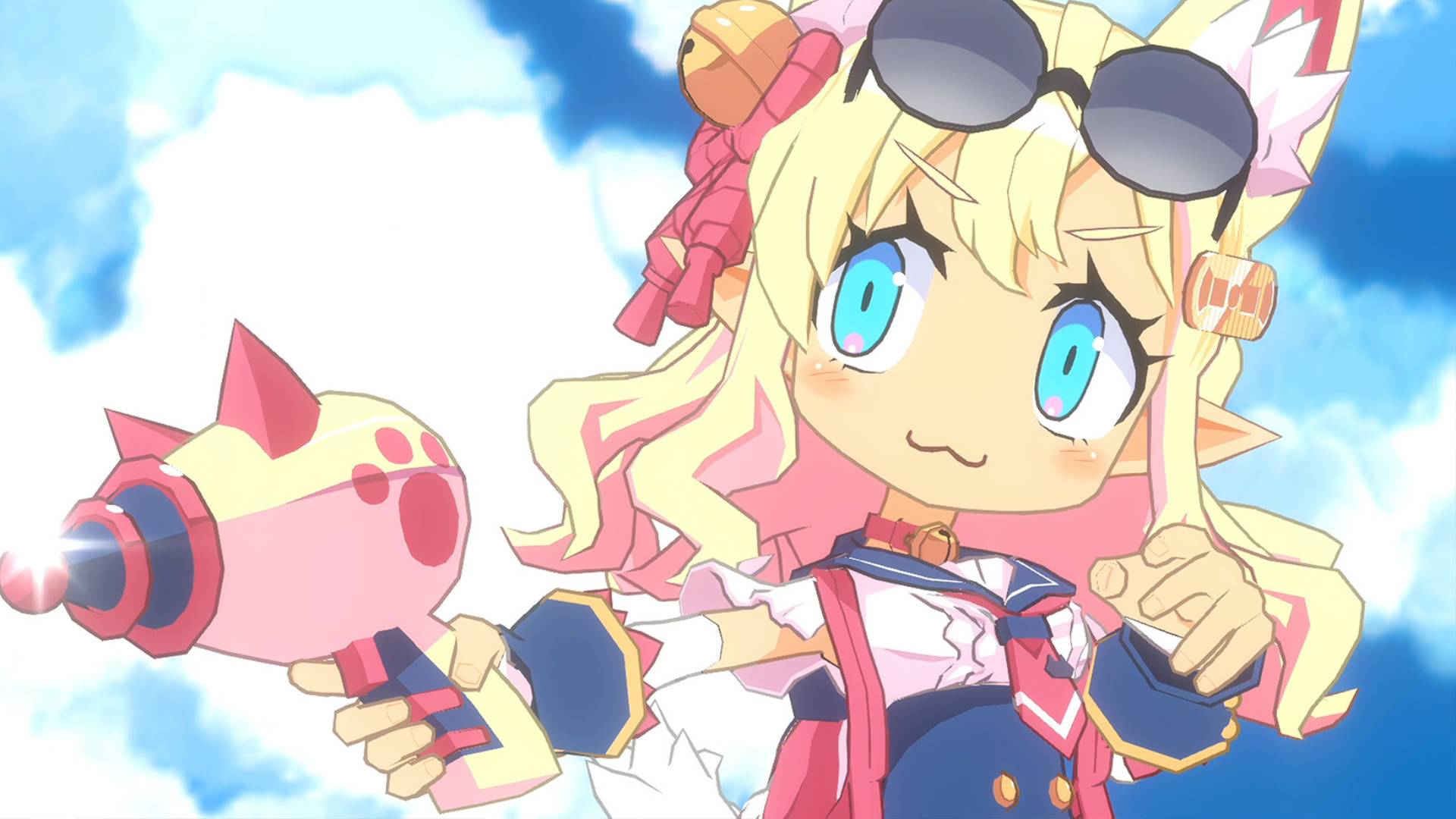 Disgaea 7: Vows of the Virtueless screenshot shows a blonde girl with cat ears holding a gun.