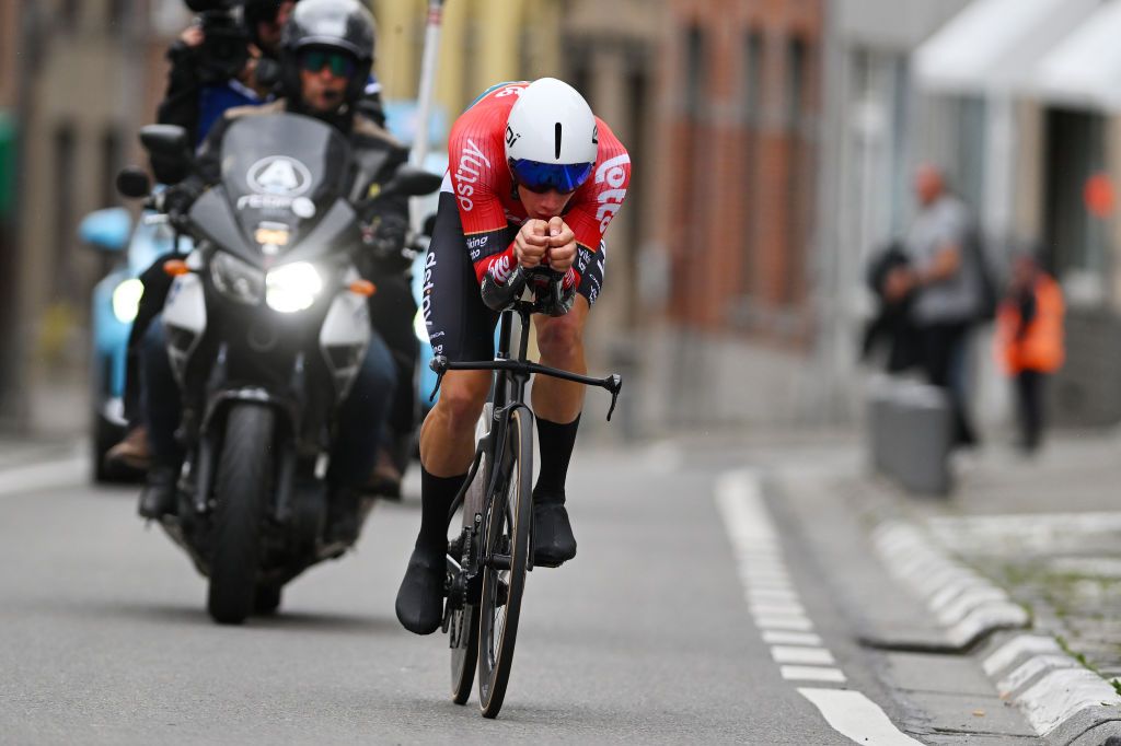 BINCHE BELGIUM JUNE 20 Alec Segaert of Belgium and Team Lotto Dstny sprints during the 105th National Championships Belgium 2024 Mens Individual Time Trial a 385 km on June 20 2024 in Binche Belgium Photo by Luc ClaessenGetty Images