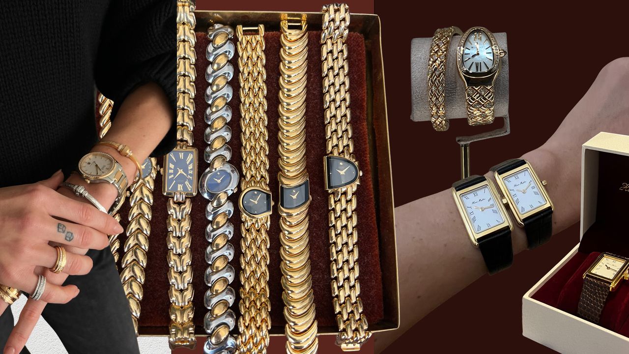 A collage of photos of gold watches, including styles from Heaven Mayhem, Piaget, Seiko, and Bulgari. 