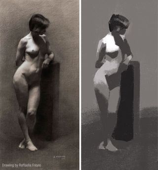 Tonal values: Life drawing next to a value study