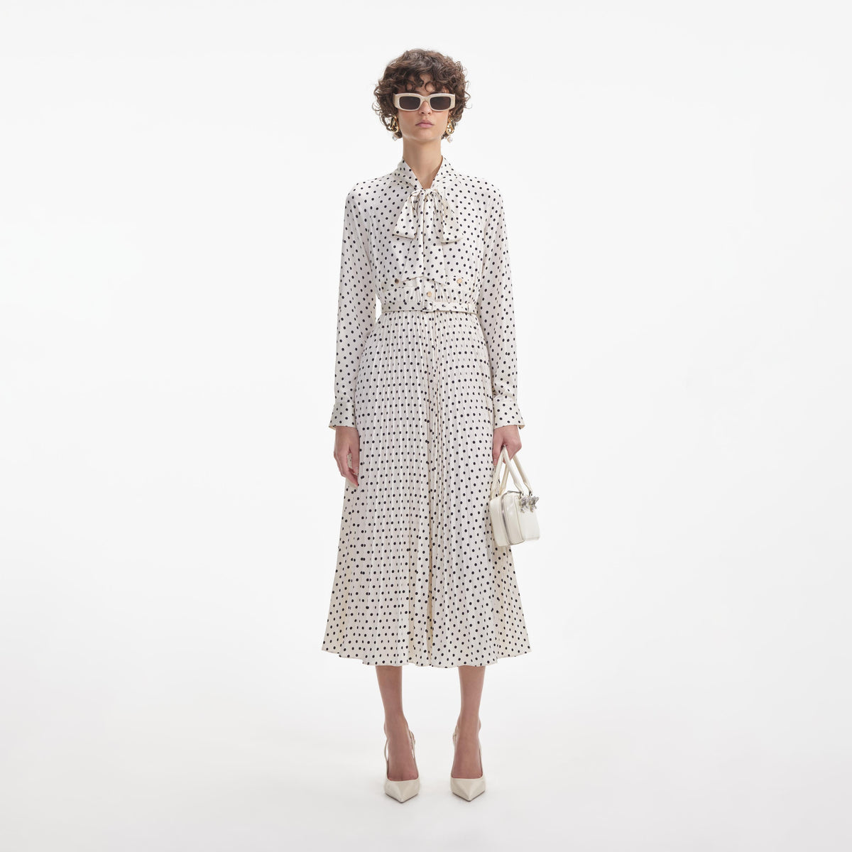 Cream Polka Dot Satin Midi Dress