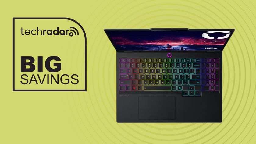 Lenovo Legion 5i on yellow background with big savings text overlay