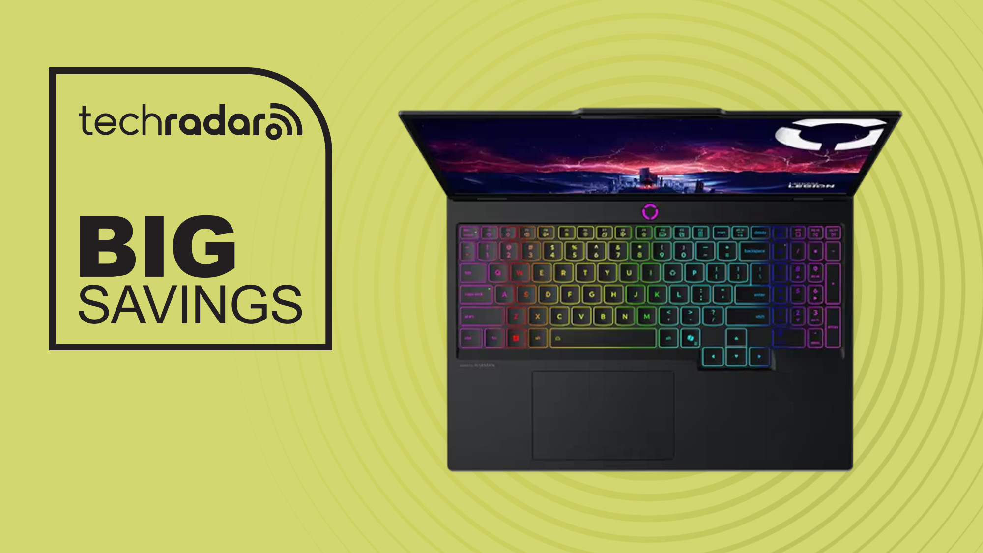 Lenovo Legion 5i on yellow background with big savings text overlay