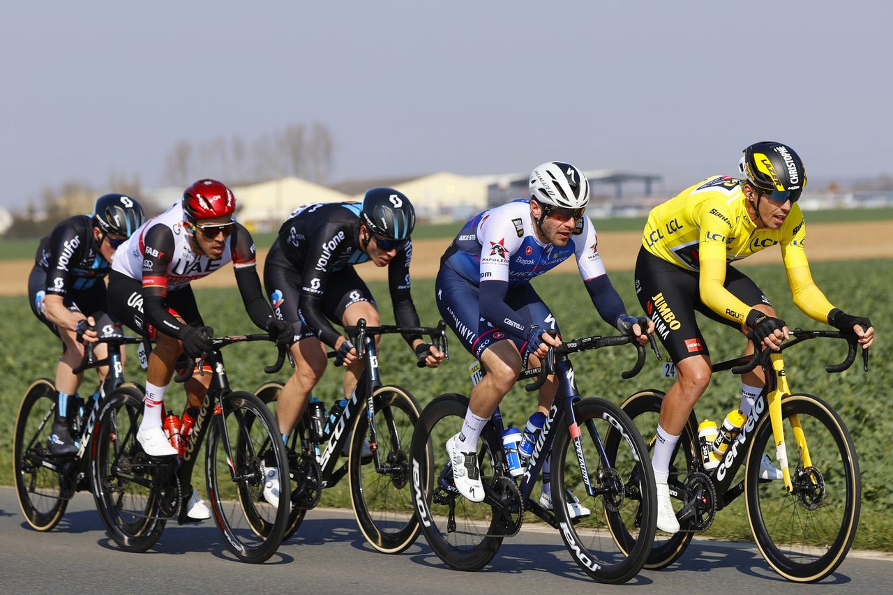 Paris Nice 2022 - 80th Edition - 2nd stage Auffargis - Orleans 159,2 km - 07/03/2022 - Christophe Laporte (FRA - Team Jumbo - Visma) - Florian Senechal (FRA - Quick-Step Alpha Vinyl Team) - Team DSM - Juan Sebasti&Atilde;&iexcl;n Molano (COL - UAE Team Emirates) - photo Luis Angel Gomez/SprintCyclingAgency&Acirc;&copy;2022